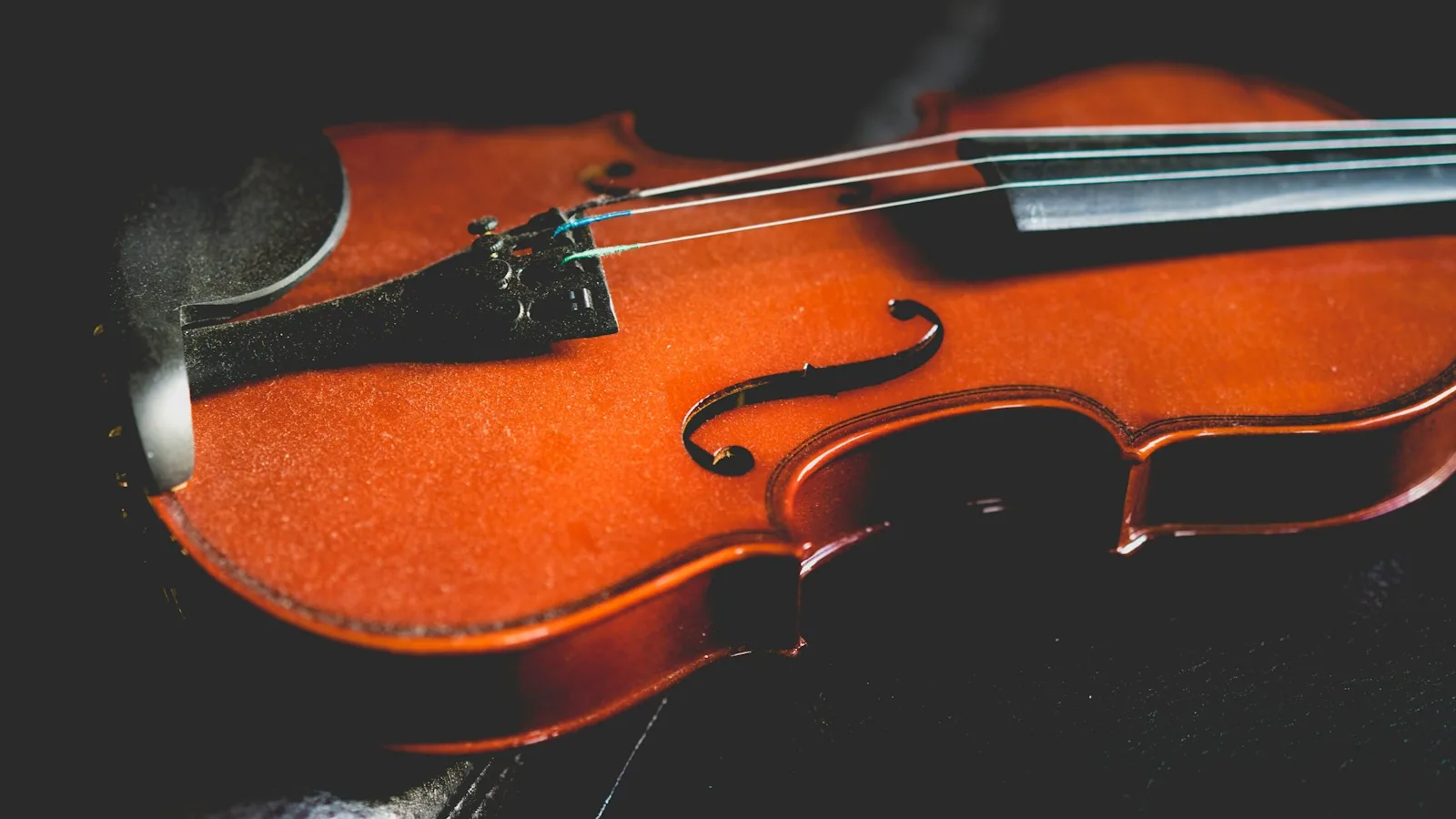 A wooden violin and its strings against a dark background.