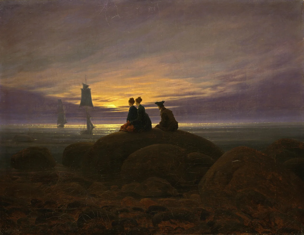 Three figures looking across a still sea as the moon rises behind distant sailing ships.